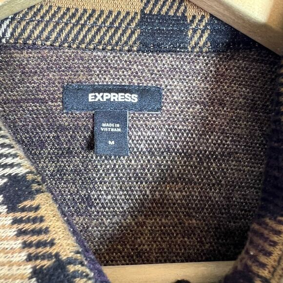 Express Mens Plaid Brown Knit Long Sleeve Button Down Size M - Picture 5 of 9